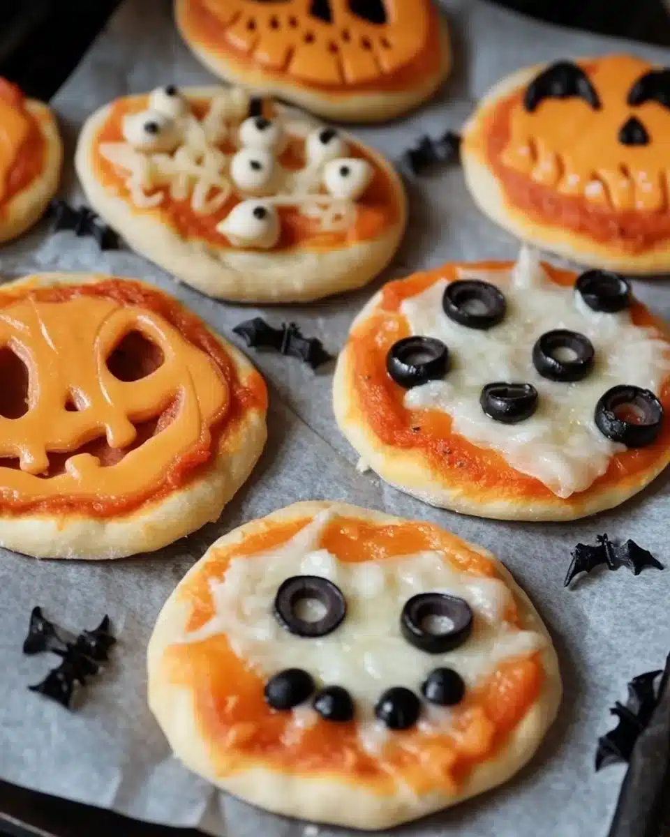 Delicious Easy Mini Halloween Pizzas Easy Mini Halloween Pizzas with fun toppings and shapes for Halloween.