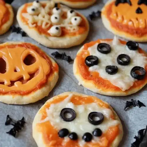 Easy Mini Halloween Pizzas 1 Easy Mini Halloween Pizzas with fun toppings and shapes for Halloween.