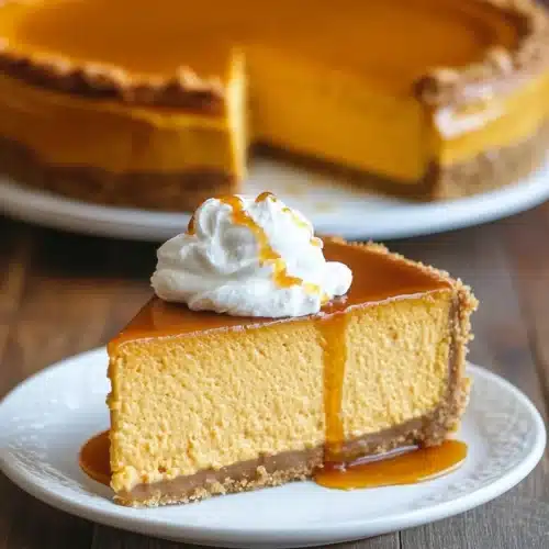 Slice of Easy Pumpkin Pie Cheesecake with whipped cream and caramel drizzle