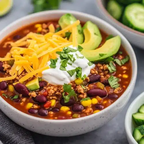 Delicious Easy Slow Cooker Turkey Chili served with toppings.