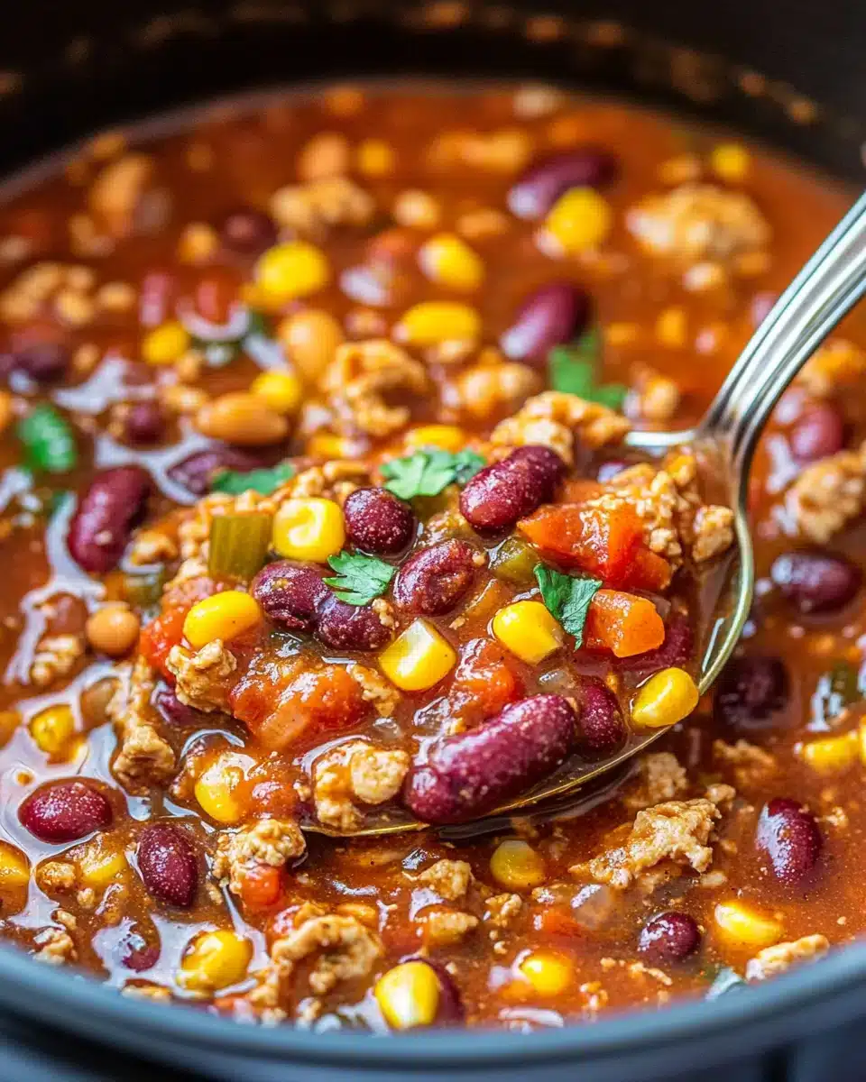 Easy Slow Cooker Turkey Chili with beans and corn in a pot.
