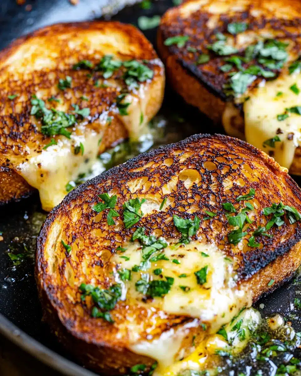 Delicious Garlic Bread Grilled Cheese sandwiches with melted cheese and herbs.