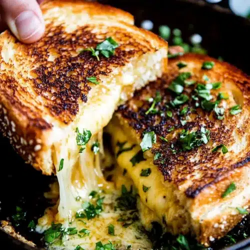 A delicious Garlic Bread Grilled Cheese sandwich with melted cheese.