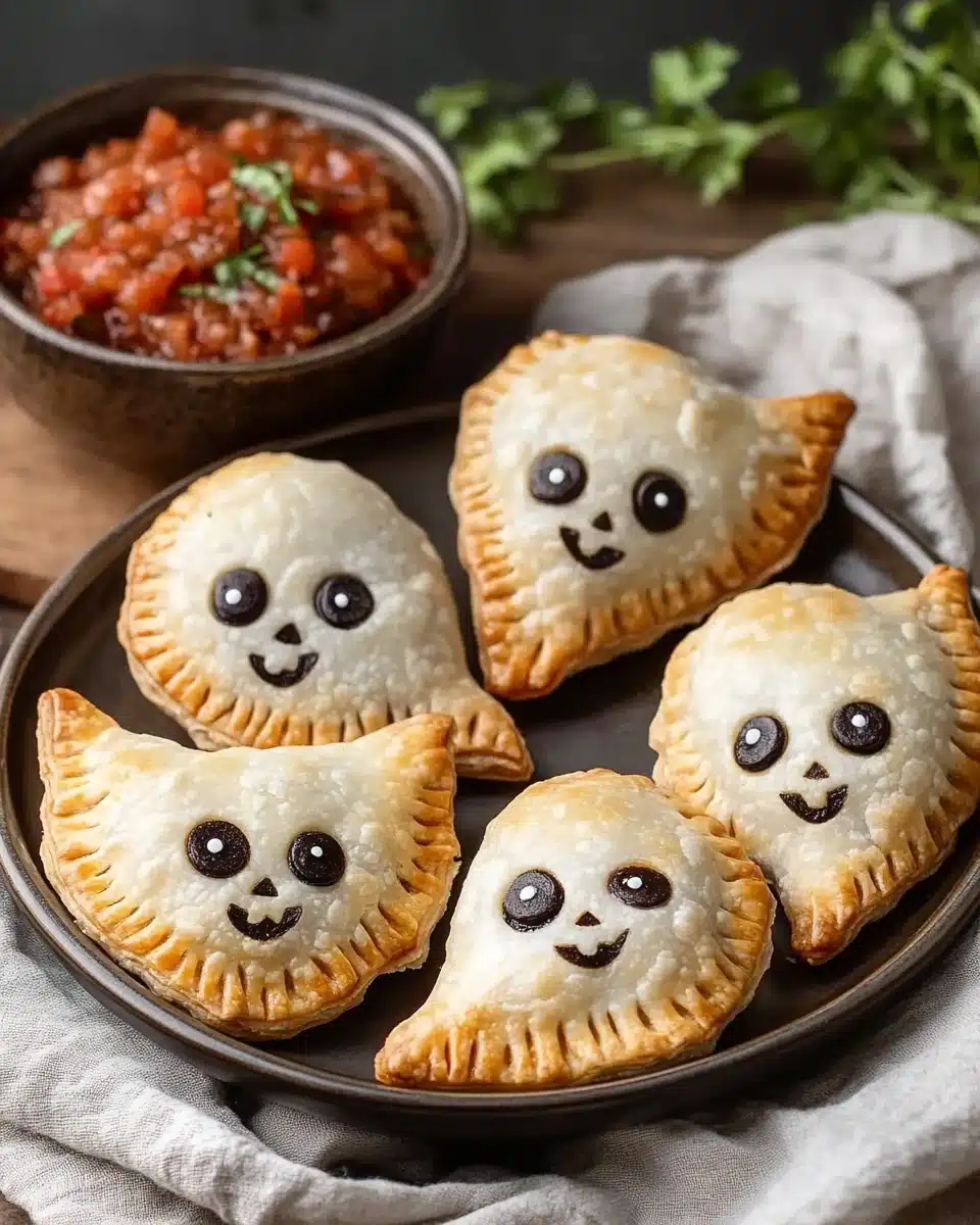 Ghost Taco Hand Pies on a Plate Delicious Ghost Taco Hand Pies served with salsa in a decorative way.