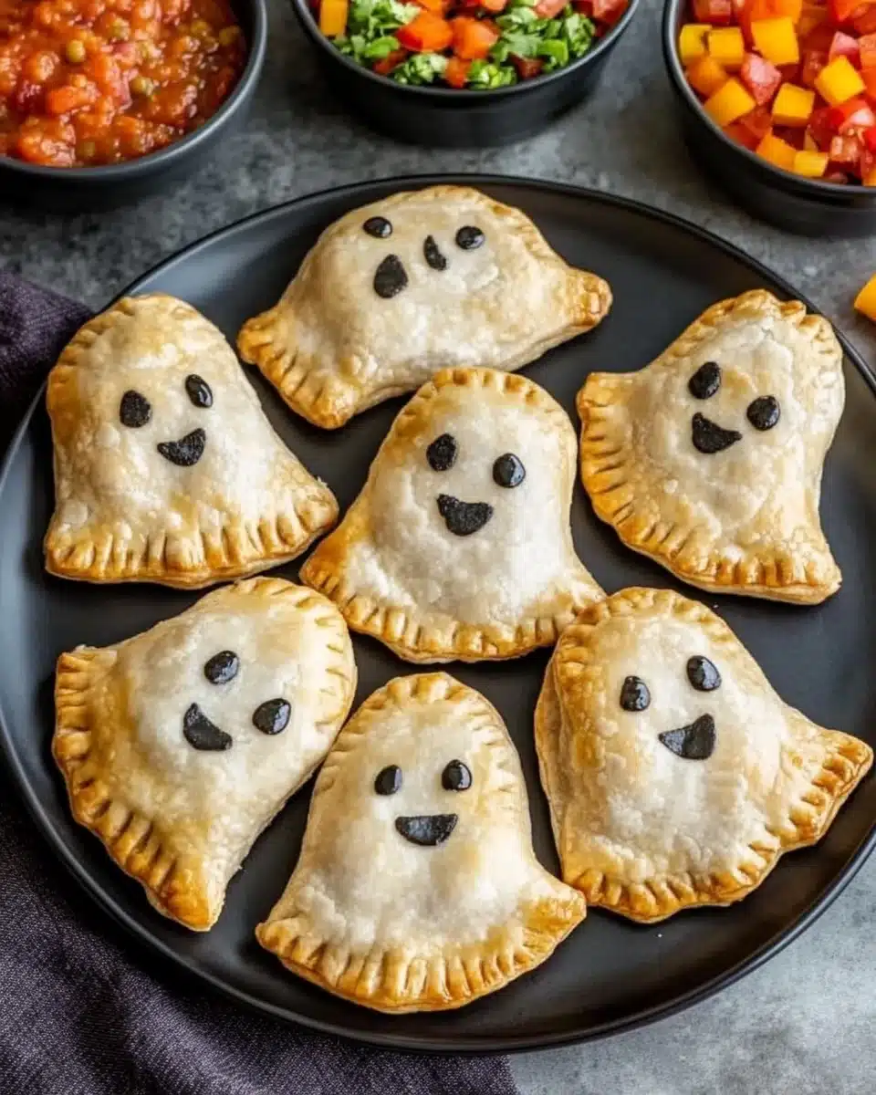 Delicious Ghost Taco Hand Pies for Halloween Ghost Taco Hand Pies on a black plate with salsa and toppings.