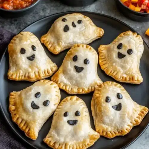 Ghost Taco Hand Pies 1 Ghost Taco Hand Pies on a black plate with salsa and toppings.