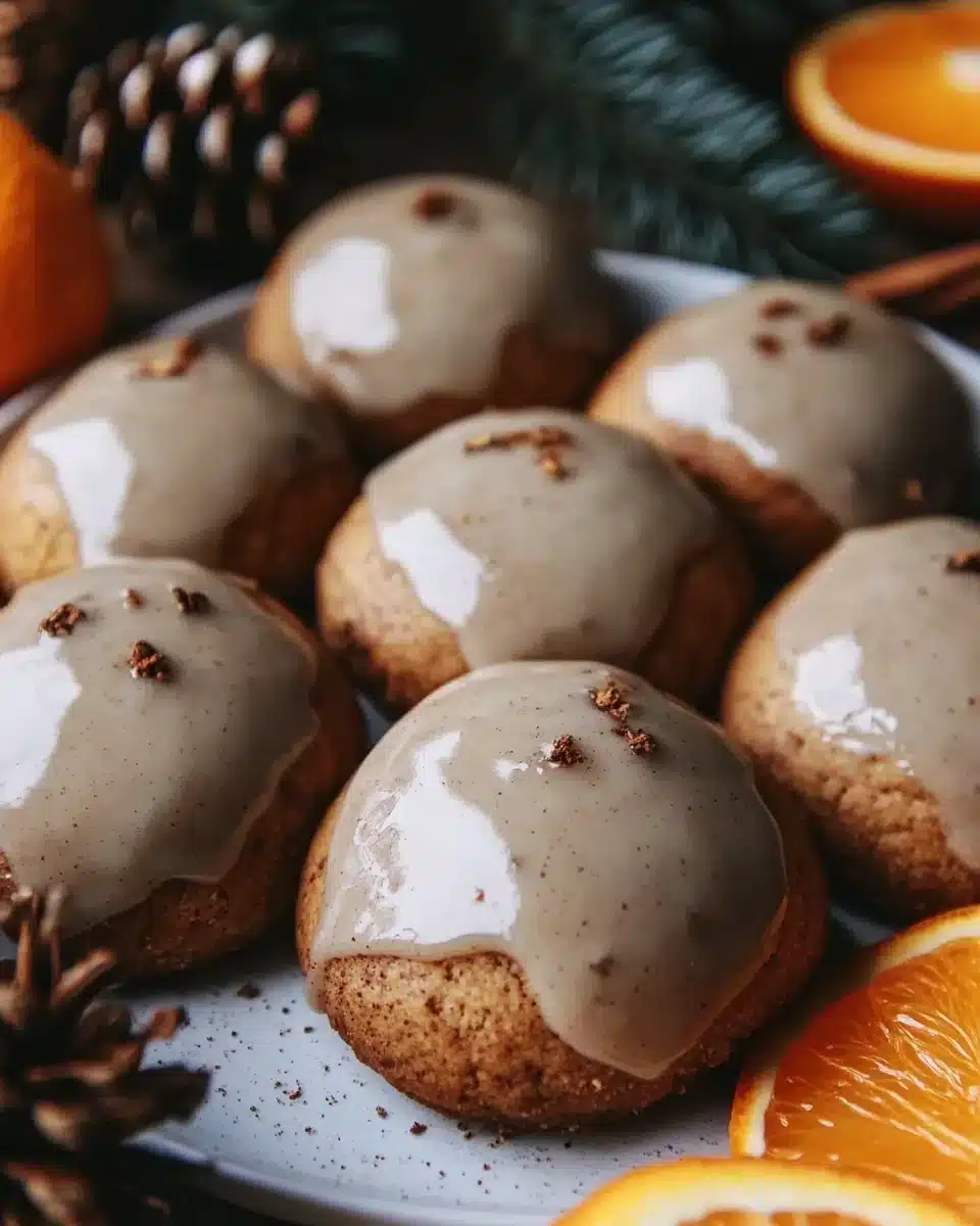 Glazed Little Orange Cookies with Cinnamon and Cloves Glazed Little Orange Cookies with Cinnamon and Cloves on a rustic plate.