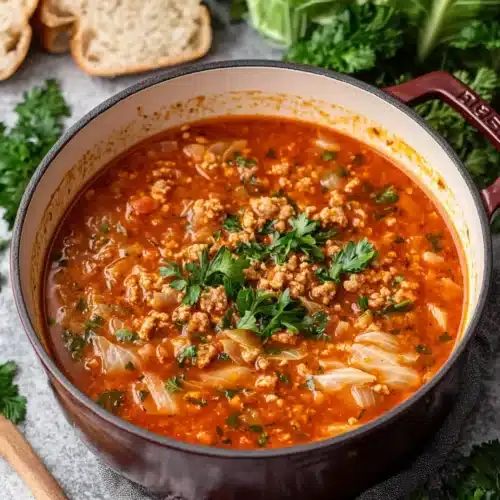 Delicious Golumpki Soup with sausage and cabbage in a pot.