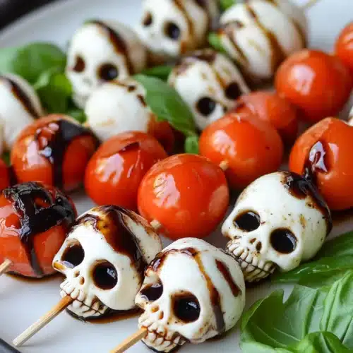 Halloween Caprese Salad Skewers 1 Halloween Caprese Salad Skewers featuring mozzarella skulls and cherry tomatoes.