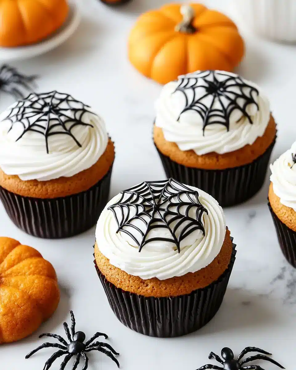 Halloween Cupcakes topped with spider web frosting and chocolate cookies.