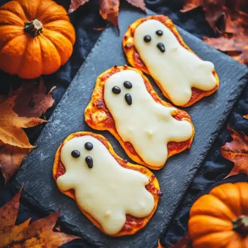 Halloween Ghost Pizza with cheesy ghost shapes and autumn leaves.