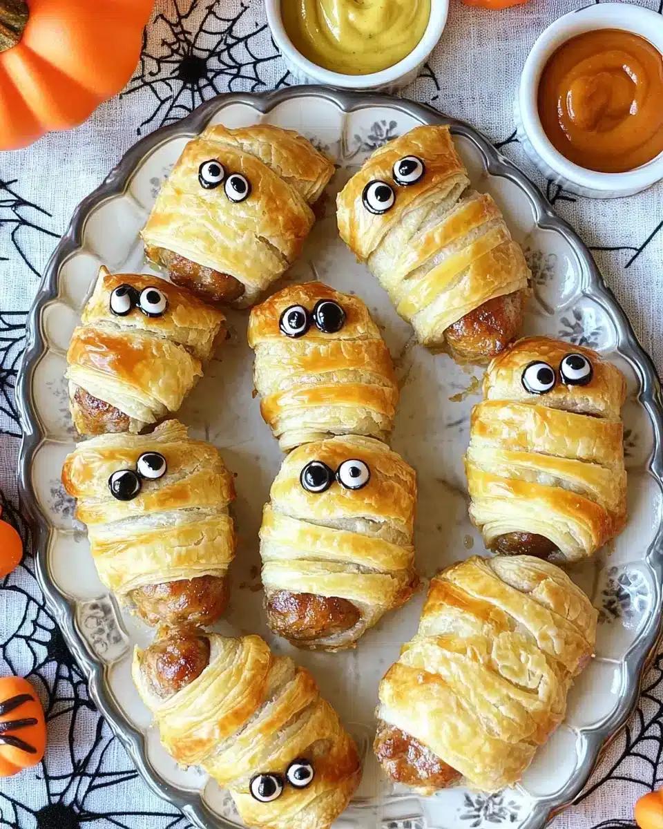 Delicious Halloween Sausage Rolls with candy eyes ready for serving.