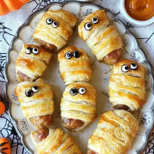 Delicious Halloween Sausage Rolls with candy eyes ready for serving.