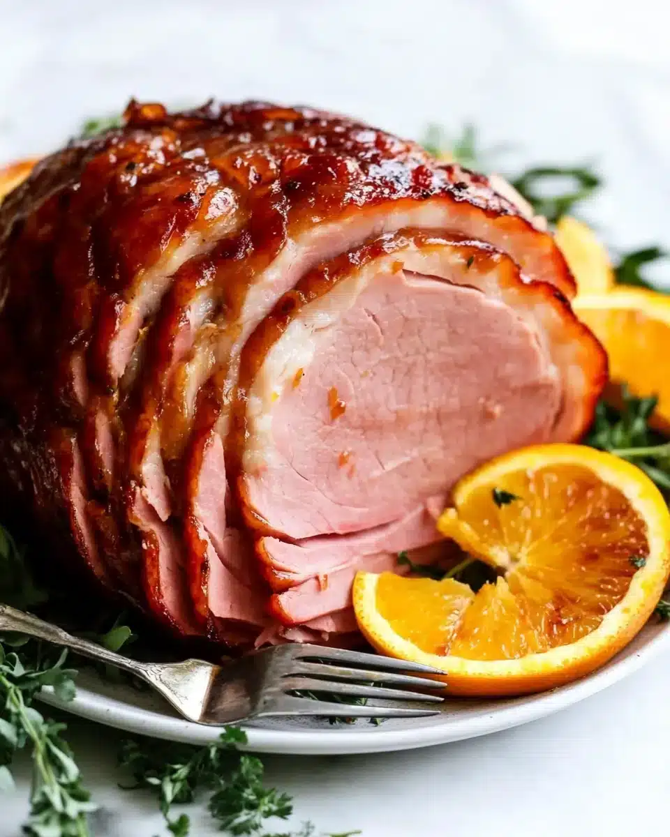 Delicious Honey Glazed Ham sliced ready for a holiday feast.