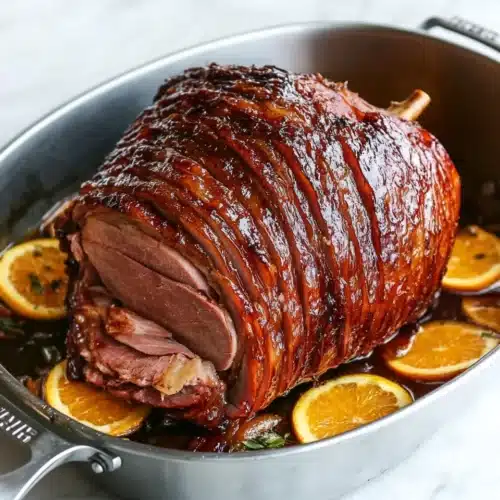 Delicious Honey Glazed Ham in a roasting pan, perfect for festive dinners.