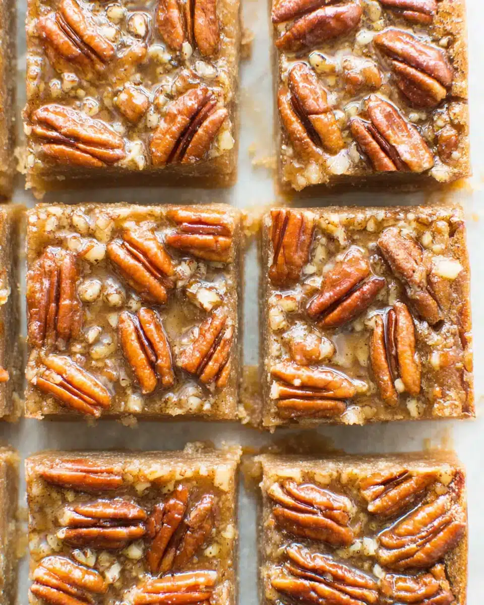 Delicious Keto Pecan Pie Bars with rich pecans and almond flour crust.