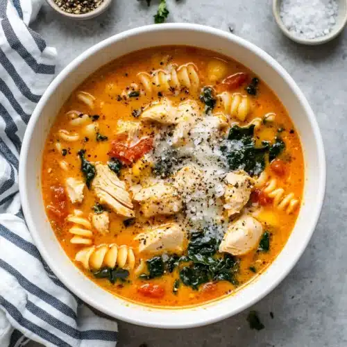 Marry Me Chicken Soup Recipe 1 Delicious Marry Me Chicken Soup with pasta, chicken, and spinach in a bowl