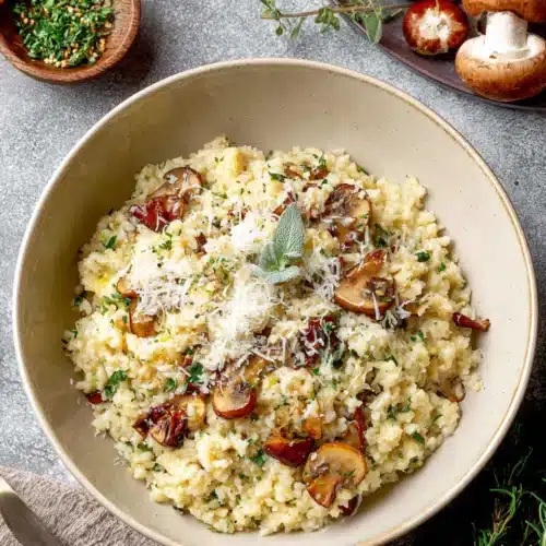 Delicious Mushroom Cauliflower Risotto served in a bowl.