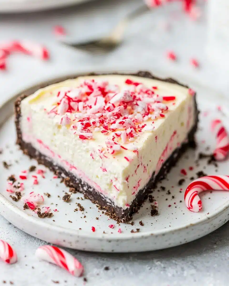 No Bake Peppermint Bark Cheesecake Delight No Bake Peppermint Bark Cheesecake slice with crunchy peppermint bits.