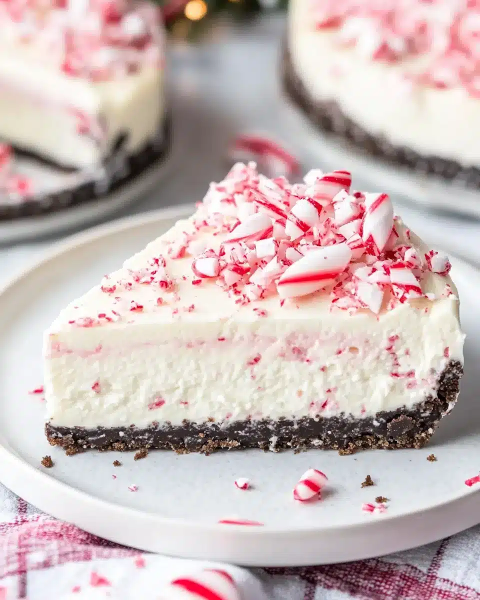 No Bake Peppermint Bark Cheesecake Slice No Bake Peppermint Bark Cheesecake slice with candy cane topping