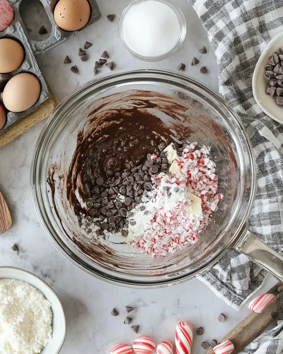 One Bowl Peppermint Brownies preparation process in a cozy kitchen.