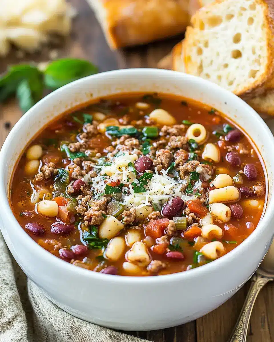 Bowl of Pasta e Fagioli soup with beans and ground beef.