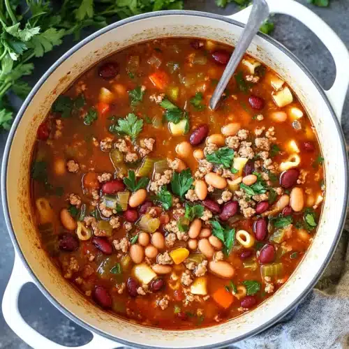Bowl of Pasta e Fagioli with beans and ground beef.