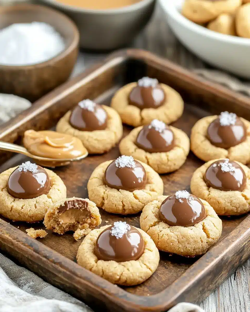 Peanut Butter Blossoms cookies topped with Hershey's Kisses on a tray.