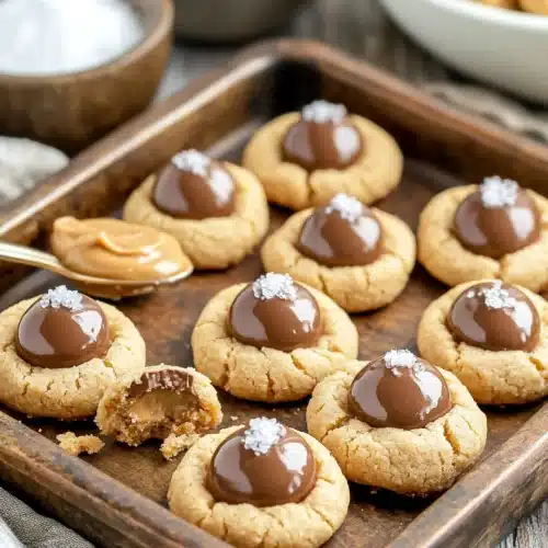 Peanut Butter Blossoms cookies topped with Hershey's Kisses on a tray.