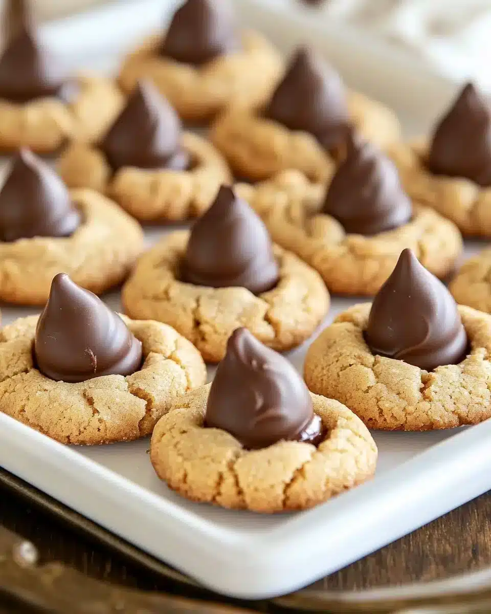 Delicious Peanut Butter Blossoms cookies with chocolate kisses on top.