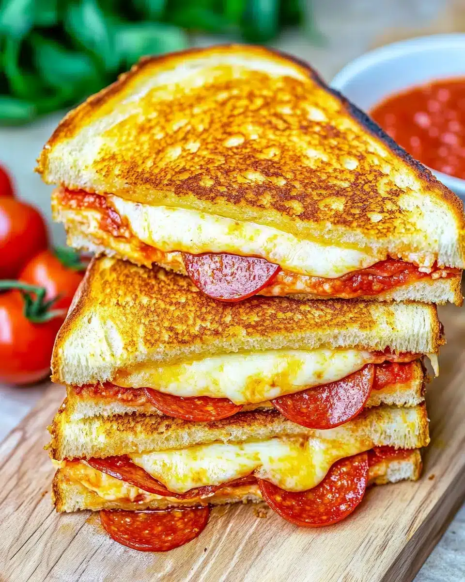 Delicious Pizza Grilled Cheese Sandwiches piled next to marinara sauce.