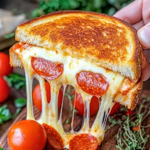 Pizza Grilled Cheese Sandwich with melted cheese and pepperoni, a delicious dish.