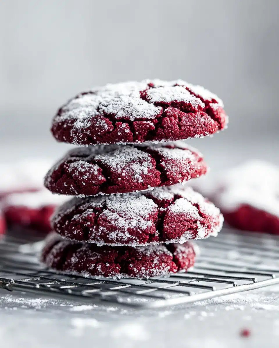 Red Velvet Crinkle Cookies Delicious Red Velvet Crinkle Cookies stacked with powdered sugar coating.