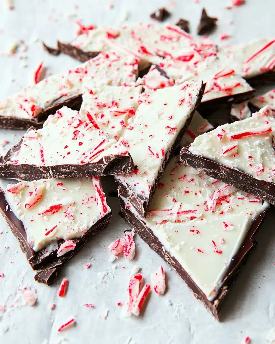 Delicious Salted Peppermint Bark with crushed peppermint topping.