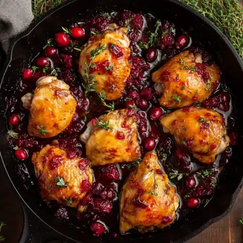 Skillet Cranberry Orange Chicken in a rich sauce with herbs