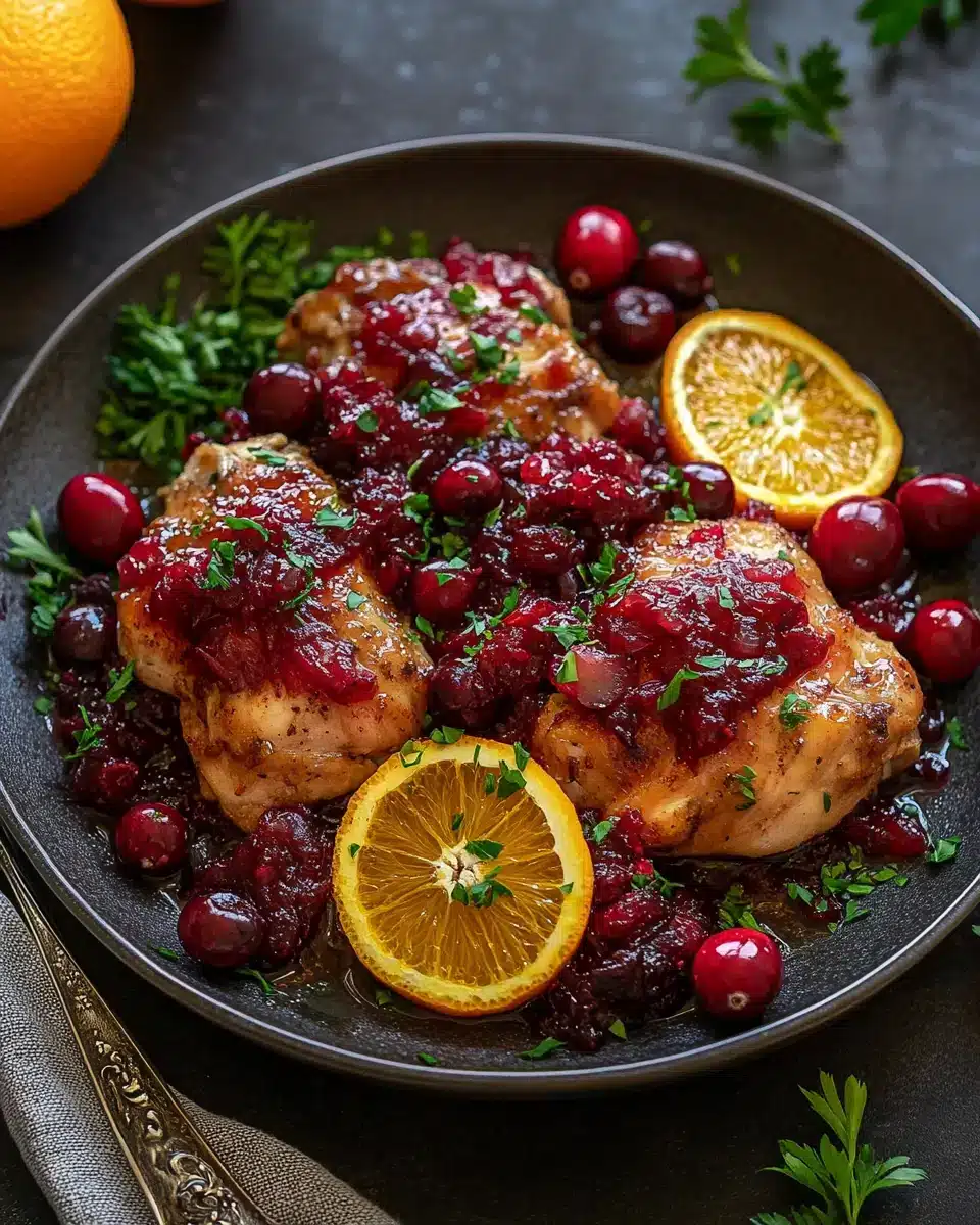 Delicious Skillet Cranberry Orange Chicken with vibrant sauce and garnishes.