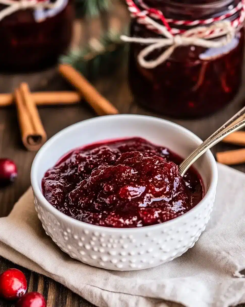 Homemade Slow Cooker Christmas Jam Delicious Slow Cooker Christmas Jam in a bowl surrounded by holiday spices.