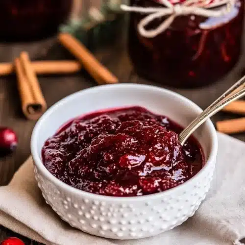 Slow Cooker Christmas Jam Recipe 1 Delicious Slow Cooker Christmas Jam in a bowl surrounded by holiday spices.