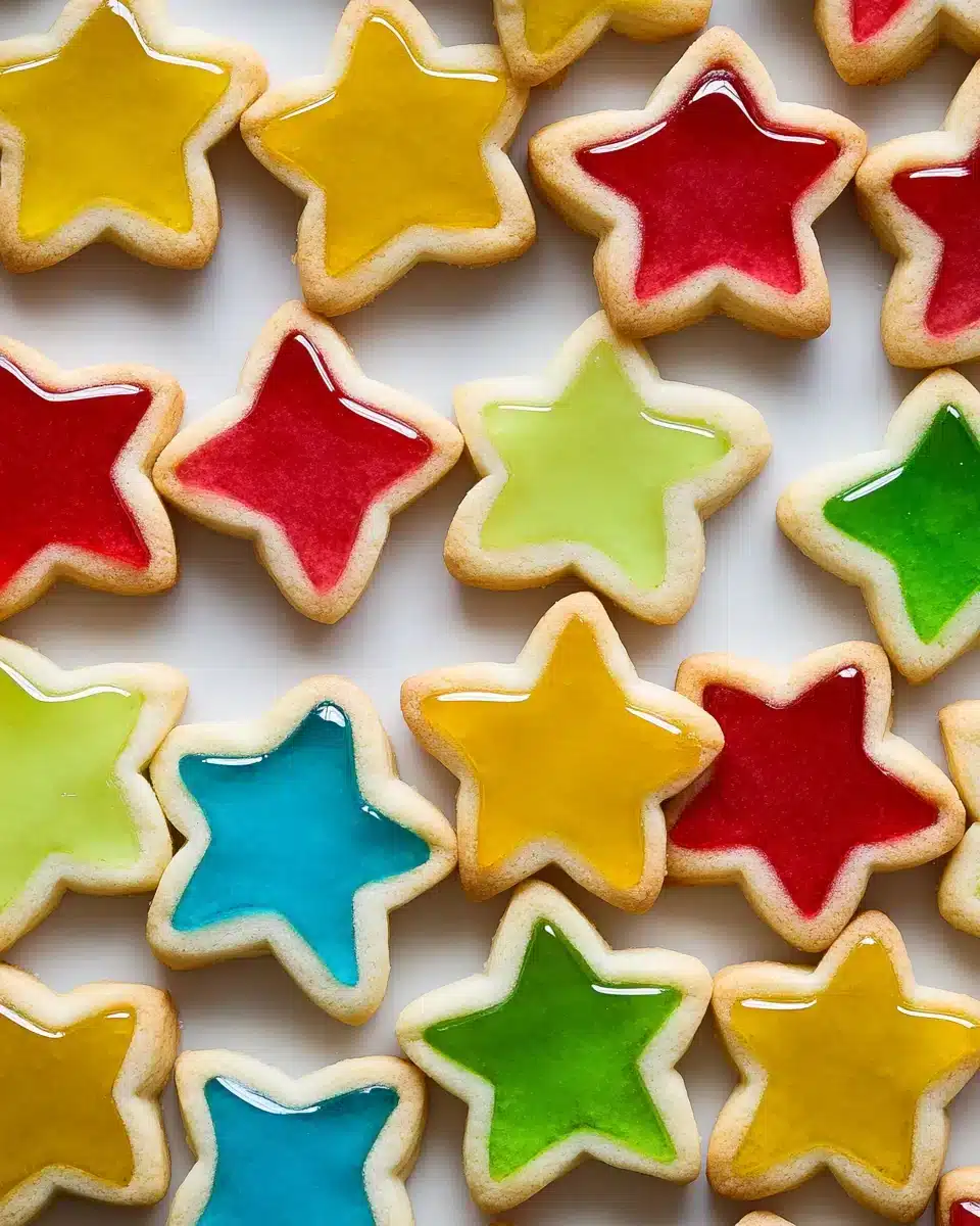 Delightful Stained Glass Cookies Colorful stained glass cookies arranged in a star shape.