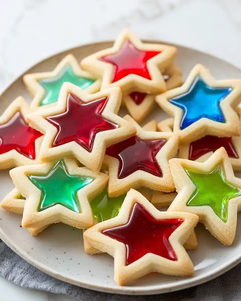 Stained Glass Cookies on a Plate Beautiful stained glass cookies showcasing vibrant colors and star shapes.