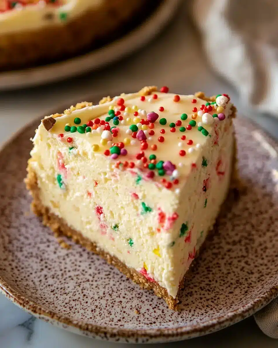 Slice of Sugar Cookie Cheesecake with sprinkles on a plate.