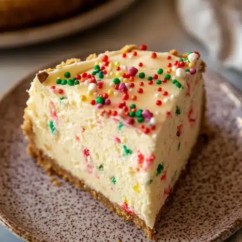 Slice of Sugar Cookie Cheesecake with sprinkles on a plate.