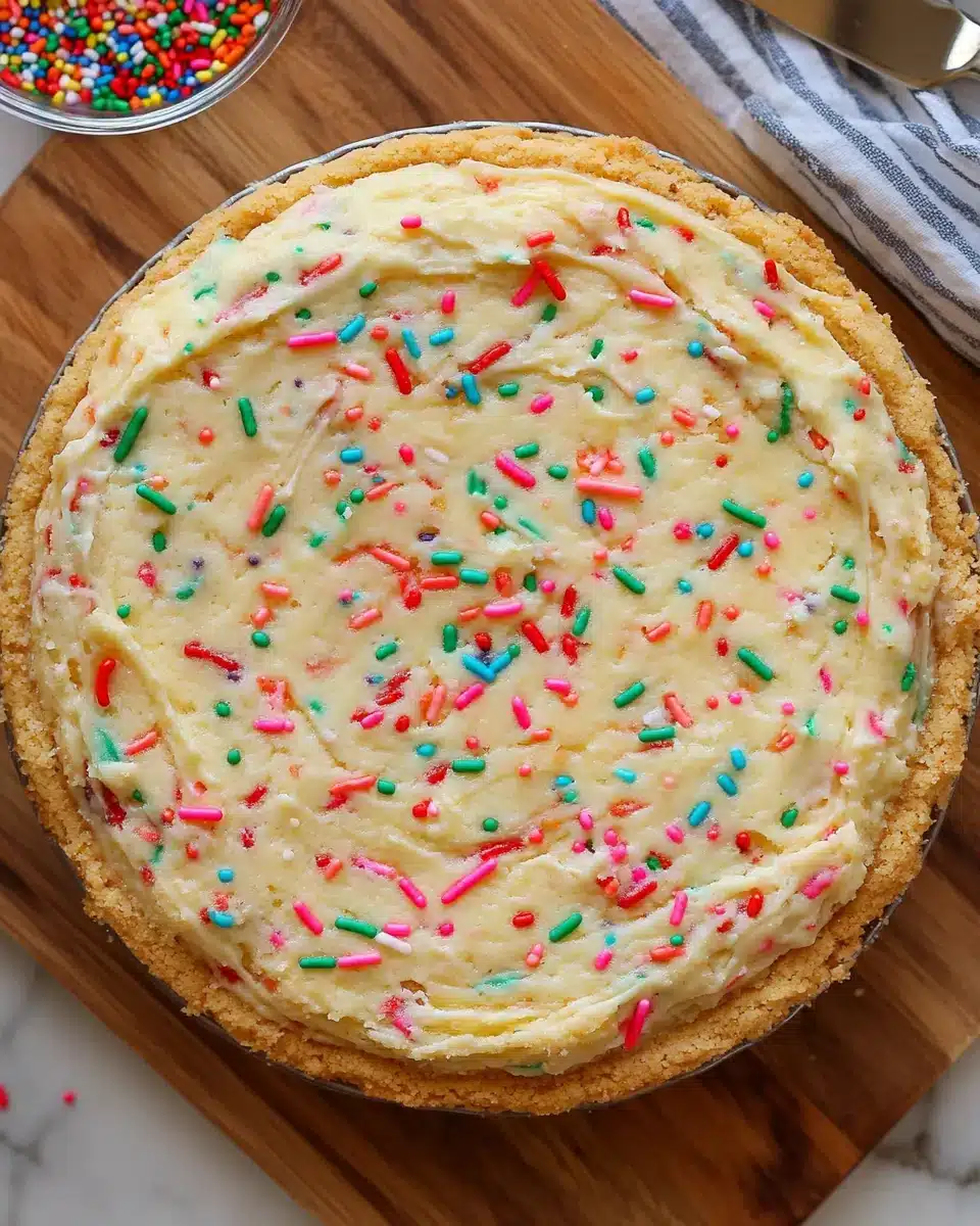 Delicious Sugar Cookie Cheesecake with festive sprinkles on top.