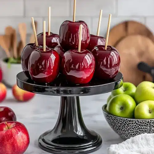 The Best Candy Apple Recipe 1 The Best Candy Apple Recipe with shiny, red candy apples on a stand.