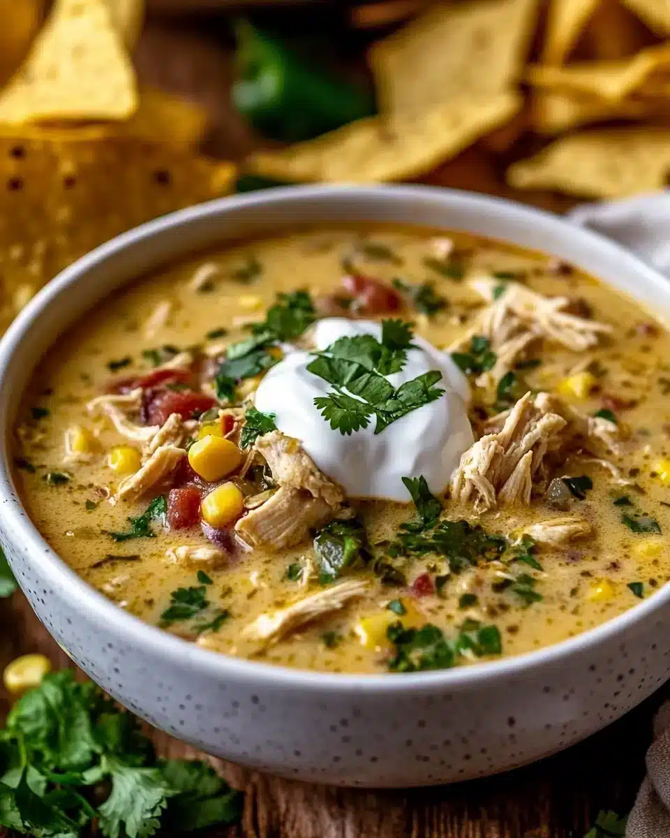 The Best White Chicken Chili The Best White Chicken Chili with shredded chicken, corn, and cilantro.
