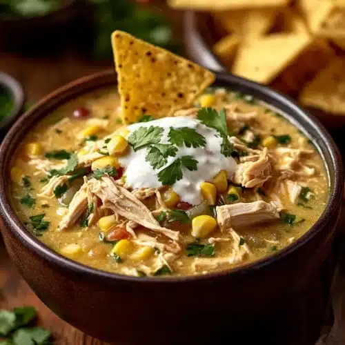 The Best White Chicken Chili 1 Bowl of The Best White Chicken Chili with corn and cilantro.