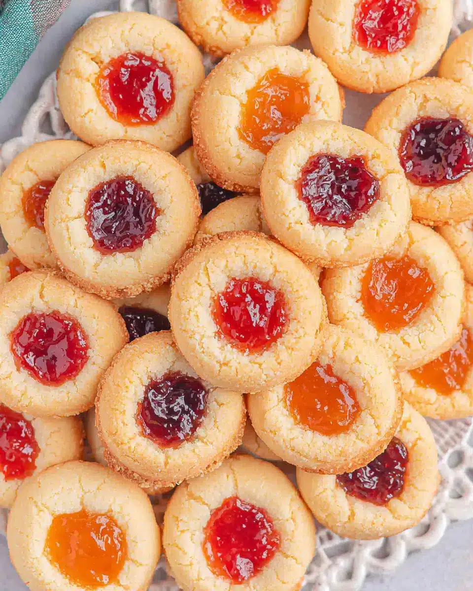 Delicious thumbprint cookies with colorful jam centers for festive gatherings.