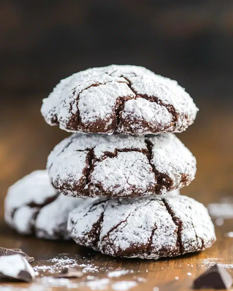 Vegan Chocolate Crinkle Cookies dusted with powdered sugar