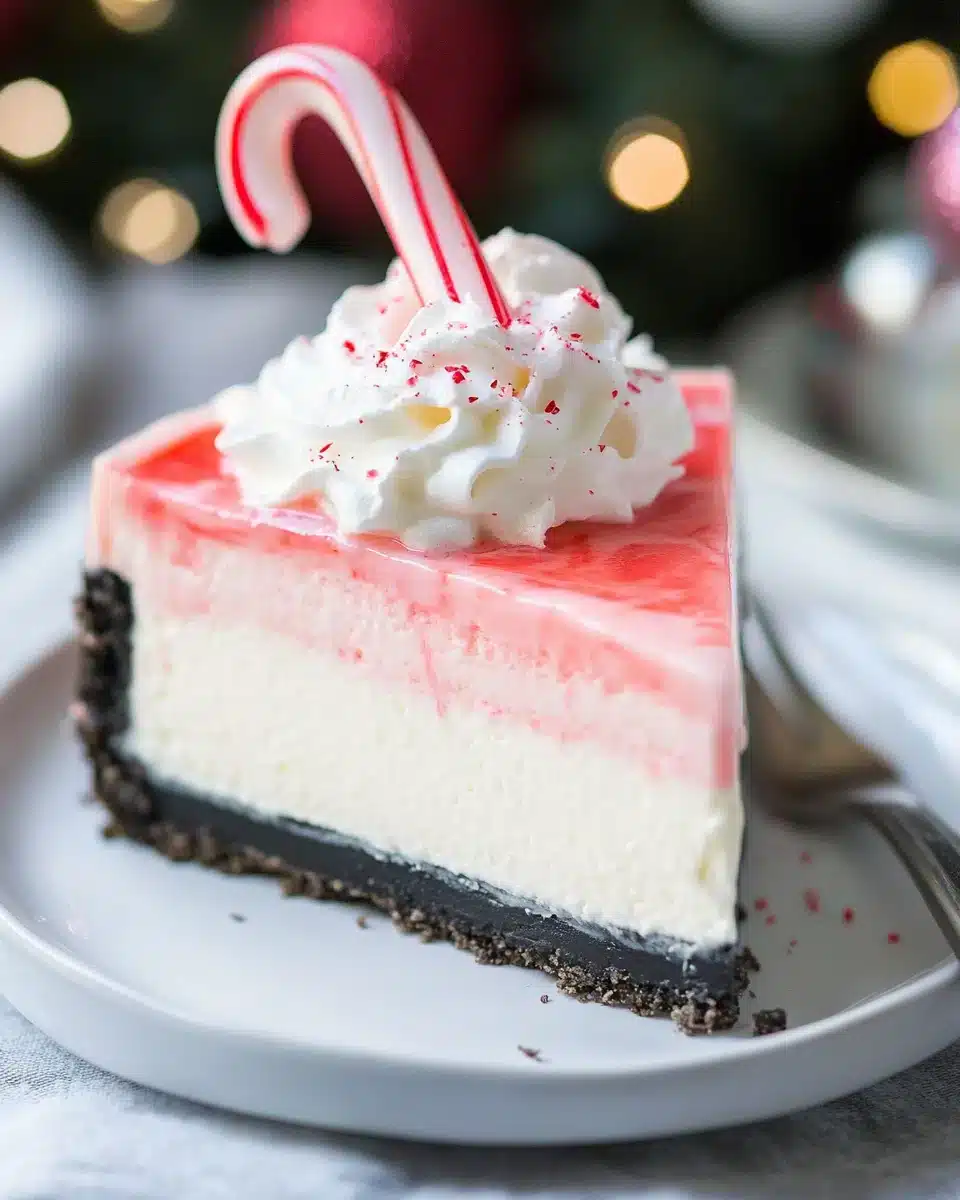 Delicious slice of White Chocolate Peppermint Cheesecake with festive toppings.