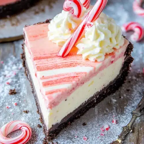 White Chocolate Peppermint Cheesecake with festive toppings.